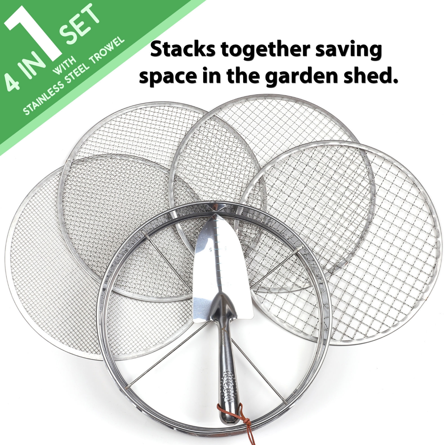 Picture of Practicool Stainless Steel Garden Potting Sieve/Riddle - with 4 interchangeable mesh sizes - 3,6,9,12mm and bonus spade