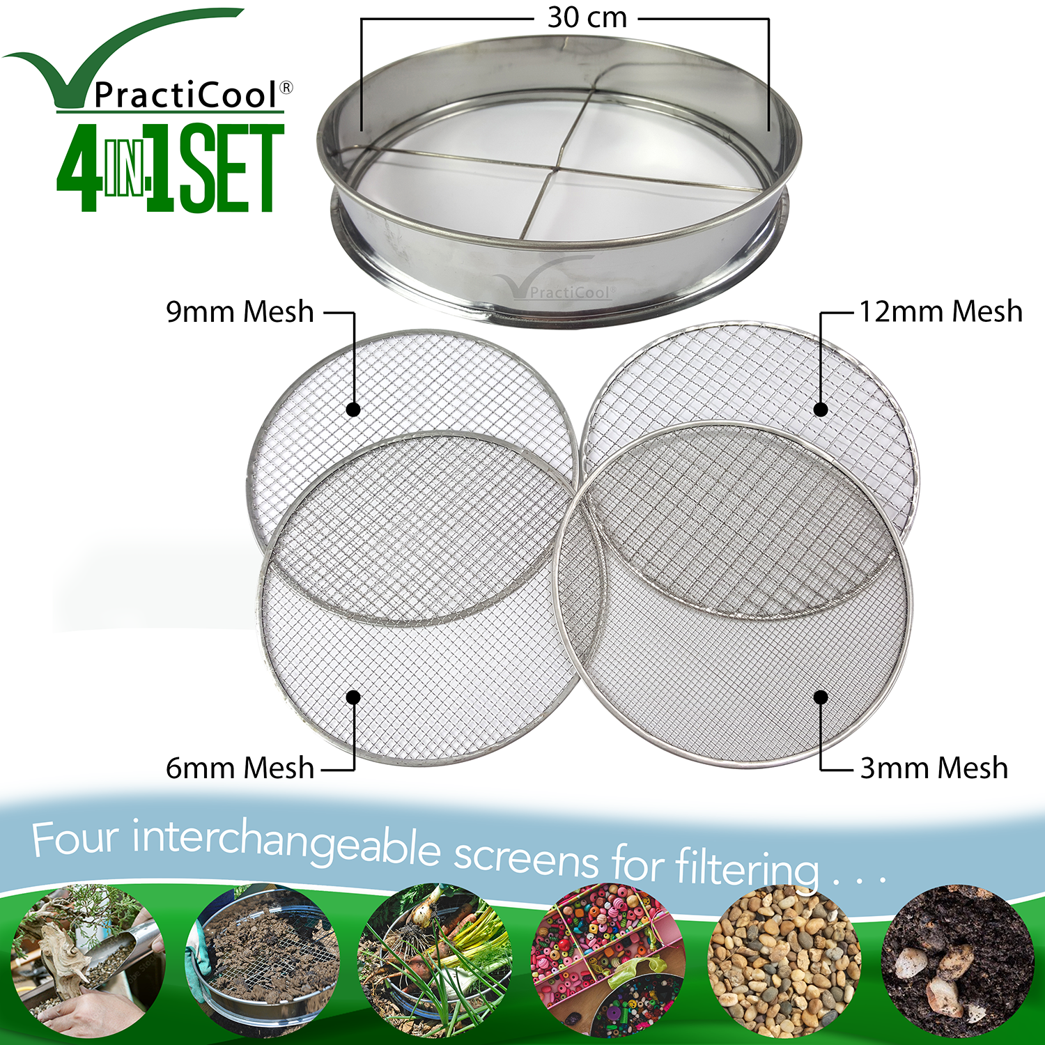 Angoily 3pcs Garden Sieve Stainless Steel Riddle Garden Potting Mix Sieve Soil Sifting Pan Filter Mesh Classifier Screen Gardening Tool for Composy Silver 20cm 